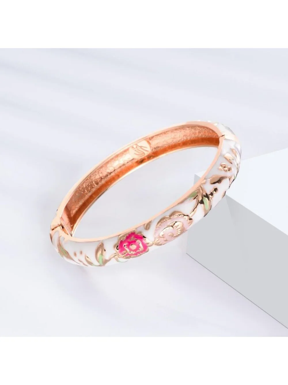 Handcrafted Vintage Cloisonne Rhinestone Rose Hinged Cuff Bracelet - Unique Gift